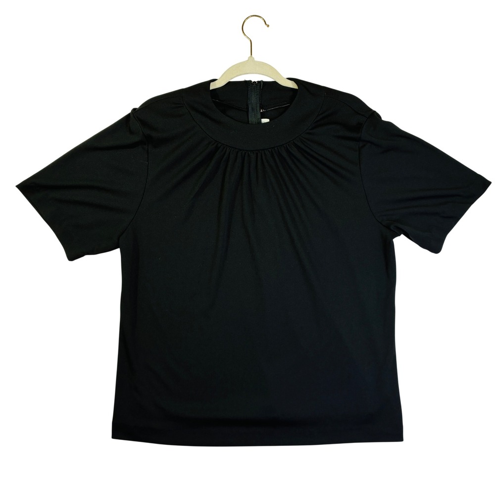 Vintage Vicki Wayne Black Mock Neck Short Sleeve Blouse Top Large Made in USA